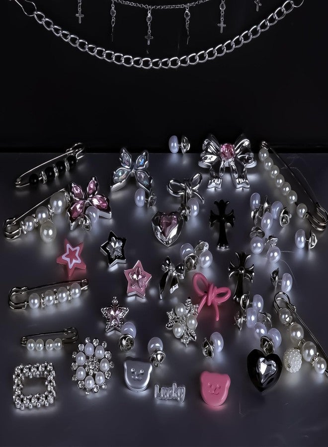 Horsdo 62pcs Silver Set Sock Charm Set, Safety Pin Brooch, Rhinestone, Pearl, Button Charms for Socks, Shoes, Clothing Accessories - Image 2